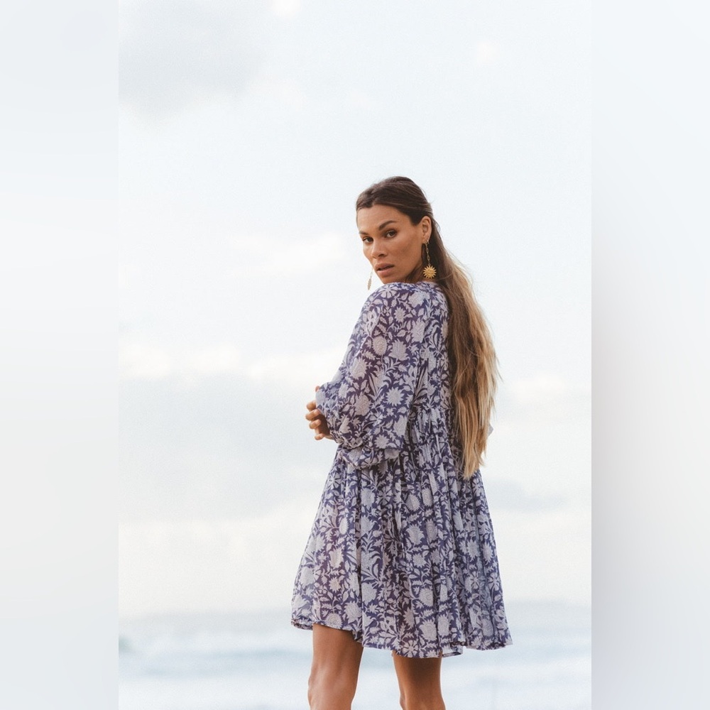 Daughters of India Kyra Mini Dress Cotton Blue Iris Boho Floral Flowy Blue 3XL - Picture 3 of 13